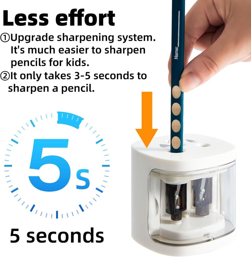 tenwin Electric Pencil Sharpener, Dual Hole Pencil Sharpeners Battery Powered, Small&Portable, Fit for 6-12mm No.2/Colored Pencils, Kids, School/Home (White) - Image 3